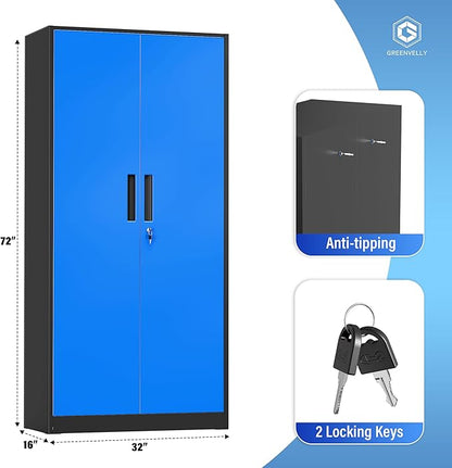 Greenvelly Metal Storage Cabinet with Doors and Shelves, 72" Inch Locking Metal Cabinet,Garage Storage Cabinet for Garage Office School Warehouse (Black Blue)