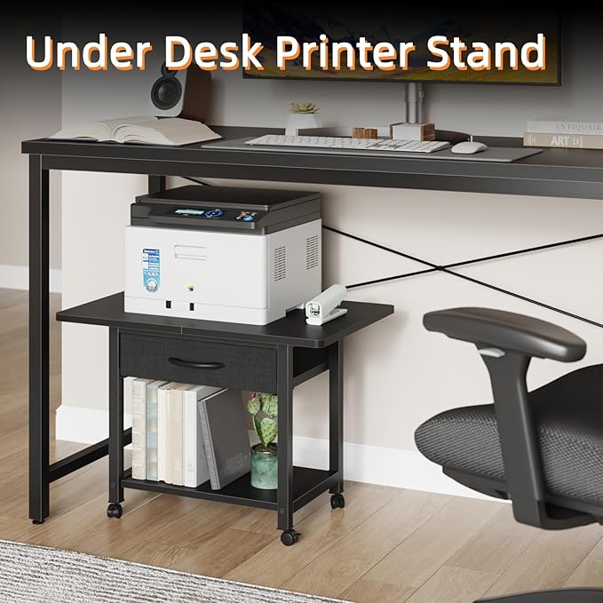 YAOHUOO 22"x15" Large Printer Stand with Storage Drawer, 2-Tier Under Desk Printer Table for Home Office, Printer Cart fit Fax Machine/3D Printer/Scanner(Black)