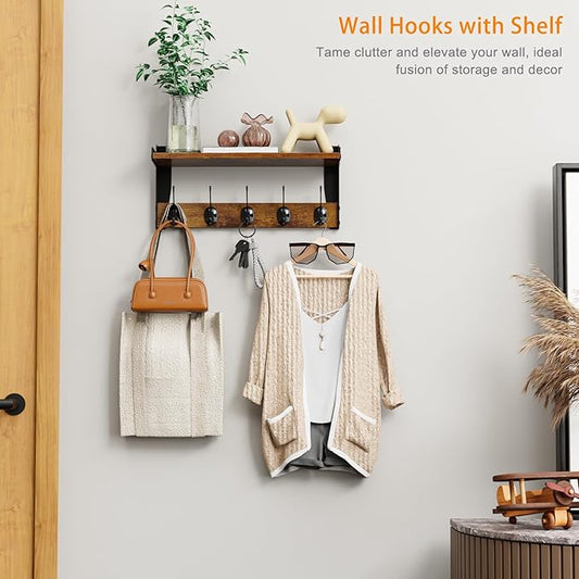 Wall Hooks with Shelf, Wood Coat Rack with Shelf Wall-Mounted, Entryway Hanging Shelves with 5 Metal Hooks for Clothes Hats Towel Purse Robes, Bathroom Mudroom Bedroom, Rustic Brown