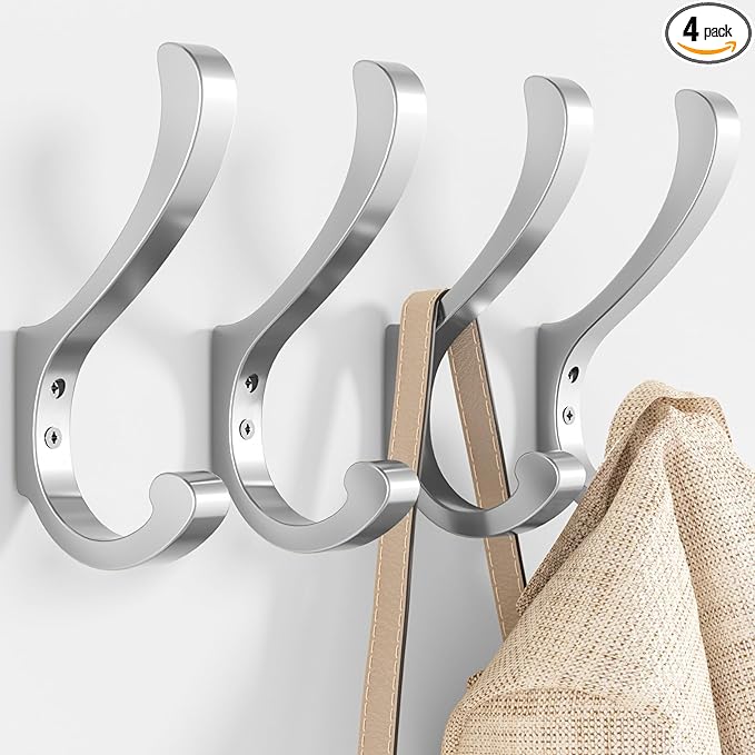 Coat Hooks for Hanging Heavy Duty - Extra Large (5.4 inch) Wall Mount Hooks for Backpacks, Purses, Clothes, Towels, Bags - Metal Screw-in Hooks for Mudroom, Closet, Door, Bathroom (Silver, 4 Pack)