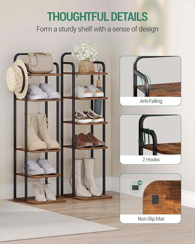 6 Tiers Vertical Shoe Rack, Narrow Shoe Tower, Tall Shoes Shelf with 2 Hooks, Adjustable Shelves, Corner Shoes Shelves for Small Spaces, Entryway, Living Room, Rustic Brown SR04201B