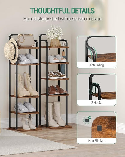 6 Tiers Vertical Shoe Rack, Narrow Shoe Tower, Tall Shoes Shelf with 2 Hooks, Adjustable Shelves, Corner Shoes Shelves for Small Spaces, Entryway, Living Room, Rustic Brown SR04201B