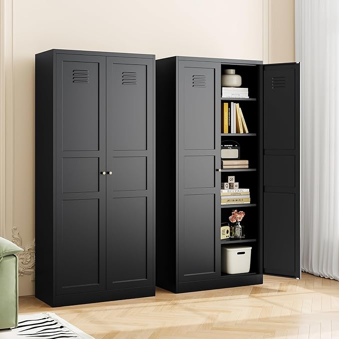 MIIIKO Metal Pantry Cabinet, Utility Storage Cabinets with 2 Doors and 5 Shelves, Freestanding Black Tall Cupboard for Garage, Shop, Laundry Room and Office, 71" H x 15.7" D x 31.5" W