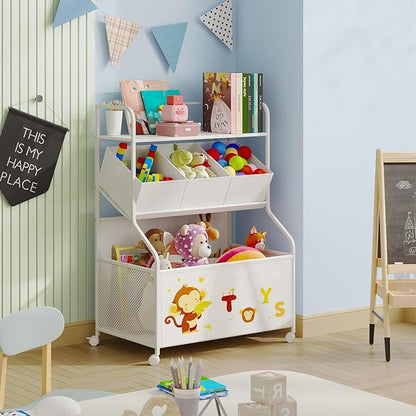 BBLIKE Toy Storage Organizer with Wheels - 3-Tier Kids Large Toy Box, Toy Chest Storage for Boys Girls Toddlers, Kids Bookshelf with 3 Fabric Toy Boxes for Playroom, White
