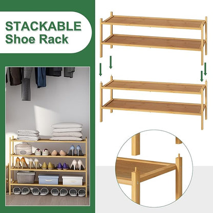 Long Shoe Rack, 2-Tier Bamboo Wood Shoe Rack, Stackable for Closet, Entryway & Hallway
