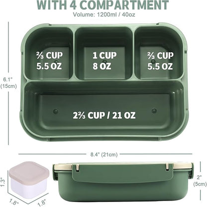Bento Box Adult Lunch Box, Lunch Containers for Kids Girls Boys with 4 Compartments, Lunchable Food Container with Utensils, Sauce Jar, Muffin Liners, 40 Oz/5 Cup, Microwave & Dishwasher Safe, Green