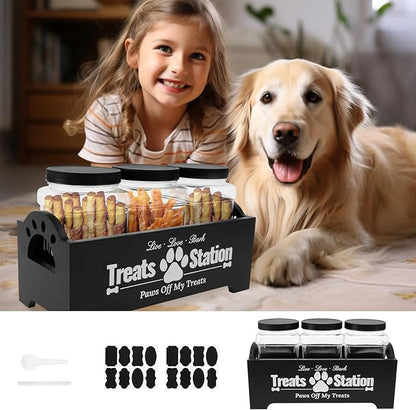 Dog Treat Container for Countertop Dog Food Storage with 3 Plastic Treat Jars Wood Dog Food Container with Handles and Lids Farmhouse Practical Pet Cat Dog Treat Storage Containers (black)