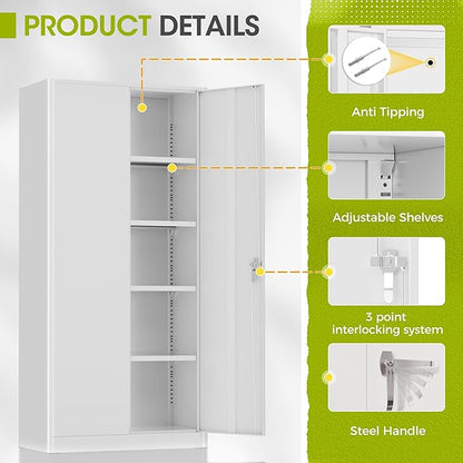 Greenvelly Metal Lockable Storage Cabinet, 72” Tall Storage Cabinet with 2 Doors and 4 Adjustable Shelves for Office, Home, Garage, Pantry (Assembly Required, 18”D, White)