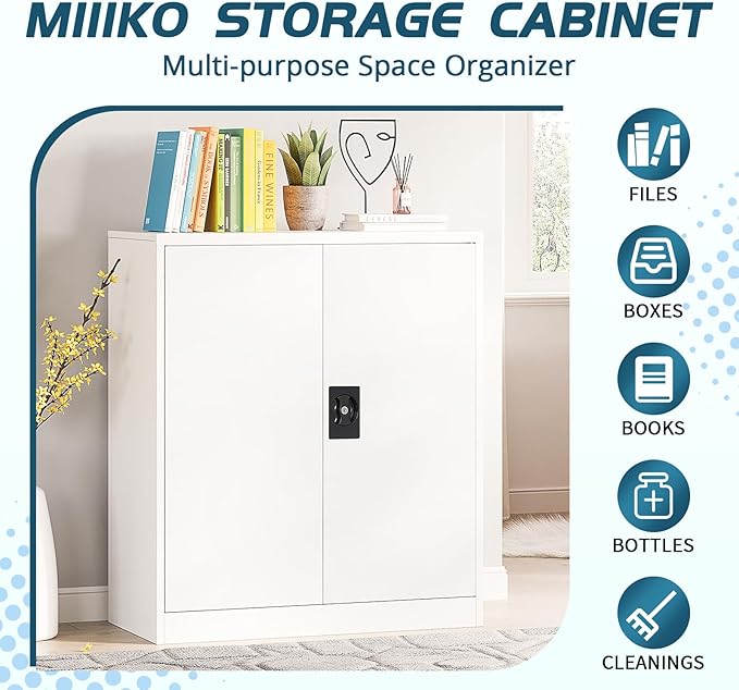 MIIIKO Lockable Storage Cabinet, Small Metal Garage Cabinet with Doors and Shelves, 35.4" Height Base Locker Cabinets 2 Doors