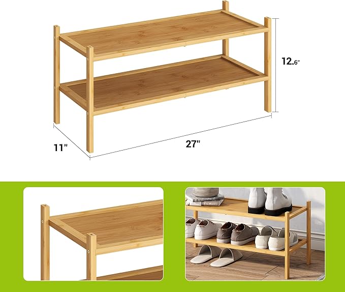 BMOSU 2-Tier Bamboo Shoe Rack Premium Stackable Shoe Shelf Storage Organizer for Hallway Closet Living Room Entryway Organizer(Natural)