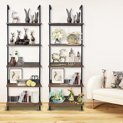 5 Tiers Ladder Shelf 2-Piece Black Modern Tall Bookshelf Open Large Tall Wall Mount Storage Bookcase Standing Leaning Wall Shelves Industrial Decorative (Brown)