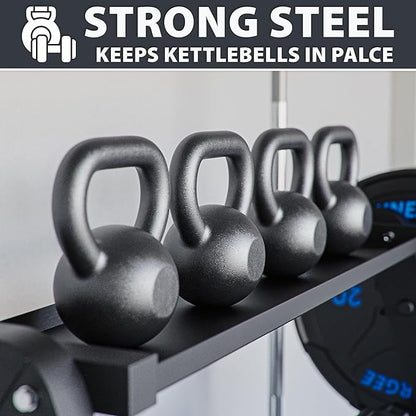 Synergee 3-Tier Dumbbell Storage Rack with 2 Barbell Holders and 4 Weight Plate Pegs, Featuring 2-Tier Dumbbell Storage and 3rd Tier for Kettlebell Storage – Accommodates 1" and 2" Plates – All-in-One