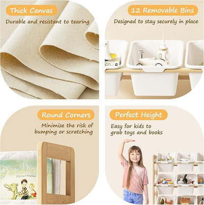 Toy Storage Organizer with Bookshelf - 12 Storage Bins 4-Tier Multipurpose Shelf to Organize Toys and Books for Kids Room, Playroom, Nursery Room, White