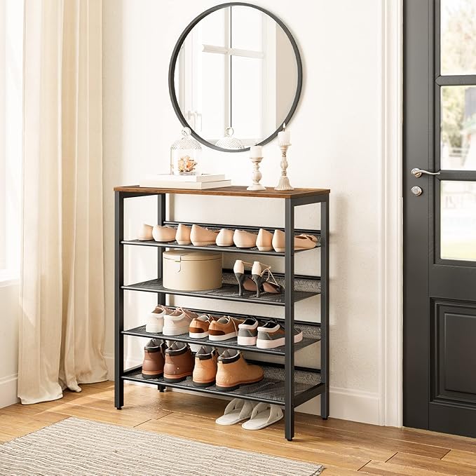 HOOBRO Shoe Rack, 5-Tier Shoe Storage Unit Flat & Slant Adjustable Shoe Organizer Shelf for 16 Pairs, Durable and Stable, for Entryway, Hallway, Closet, Dorm Room, Industrial, Rustic Brown BF01XJ01