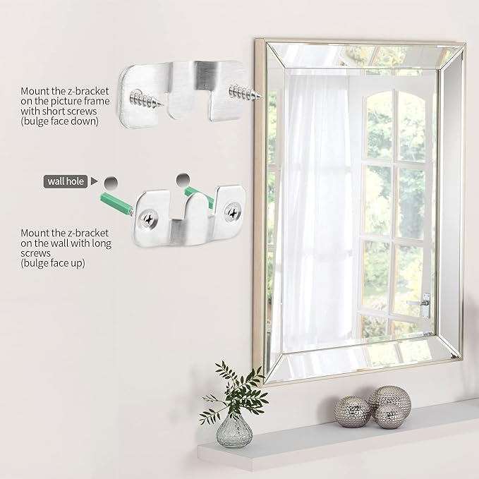 10 Sets Flush Mount Bracket with Screws, Heavy Duty Picture Hangers, Stainless Steel Z Clip Bracket Picture Wall Mount Hardware for Wall Hanging Large Pictures, Art Paintings, 1.69" x 0.75"
