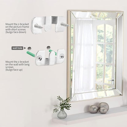 10 Sets Flush Mount Bracket with Screws, Heavy Duty Picture Hangers, Stainless Steel Z Clip Bracket Picture Wall Mount Hardware for Wall Hanging Large Pictures, Art Paintings, 1.69" x 0.75"