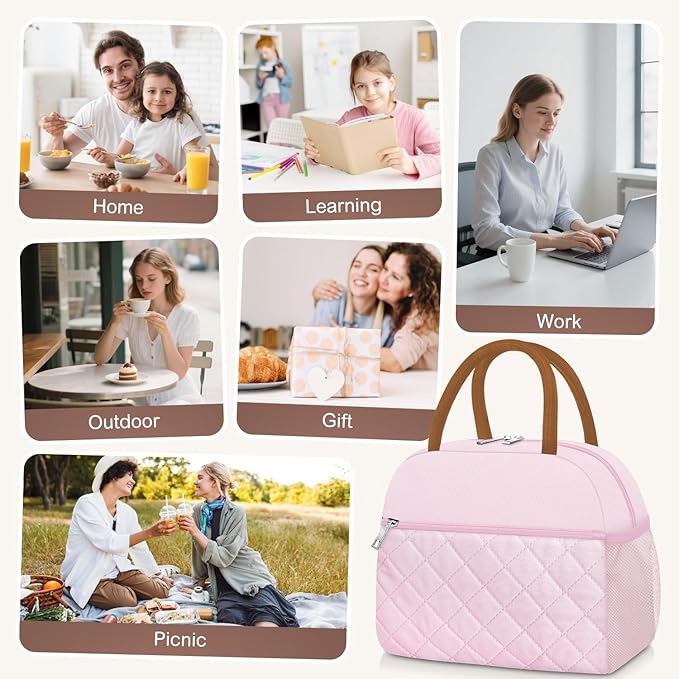 Lunch Box for Women Adult Men Insulated Cute Quilted Lunch Bag Women Reusable Large Lunch Tote Bag Leakproof Simple Cooler Bag for Work Office Picnic Beach or Travel