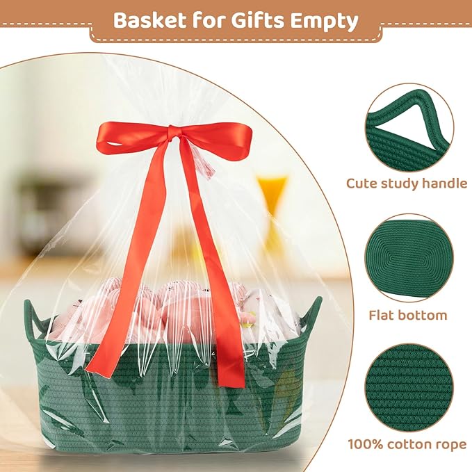 Large Empty Gift Baskets for Baby Shower, 16.5" L x 12.6" W x 7" H Cute Woven Storage Basket with Gift Bags and Ribbons, Small Rope Toy Basket with Handles, Cat Dog Pet Toy Organizer - Green