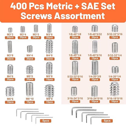 400 Pcs 25 Size Set Screws Metric&SAE Set Screw Assortment Kit 304 Stainless Steel Head Socket Metric Set Screws for Bathroom Fixtures Door Handles(M3-M8, 1/8"-40 to 5/16"-18)