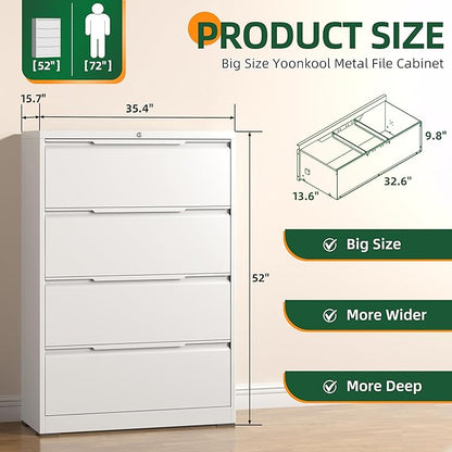 Lateral File Cabinet with Lock, 4 Drawer Lateral File Cabinets, Metal Filing Cabinets for Home Office, White Deep Drawer for Hanging Files Letter/Legal/A4/F4 Size, Printer Stand, Assembly Required