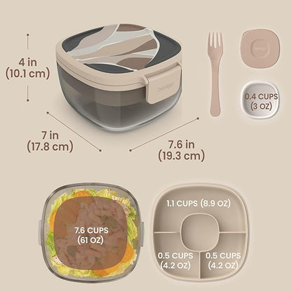 Bentgo Glass Prints Salad Container - 7.6-Cup Tinted Glass Salad Bowl with Airtight Lid, Leak-Proof Sauce Container, 4-Compartment Bento Meal Prep Tray & Reusable Fork (Inky Abstract - Neutrals)
