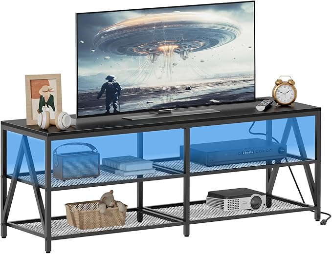 55 inch TV Stand with 3-Tier Open Shelf, Entertainment Center with Power Outlets & 8-Color LED Lights, TV Console Table for Living Room, Bedroom (Black)