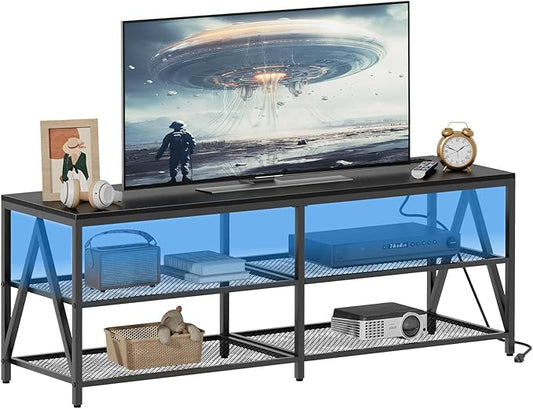 55 inch TV Stand with 3-Tier Open Shelf, Entertainment Center with Power Outlets & 8-Color LED Lights, TV Console Table for Living Room, Bedroom (Black)