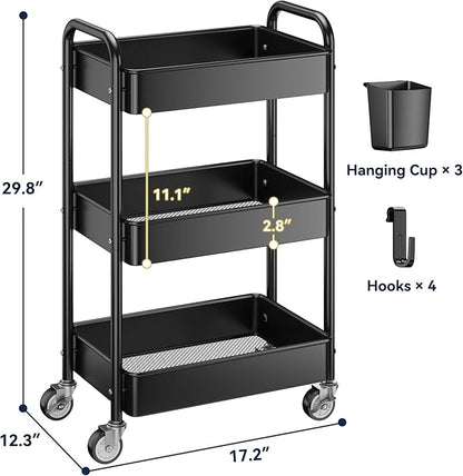 YASONIC 3 Tier Rolling Cart - Metal Utility Cart with Wheels, Hanging Cups, Hooks, Heavy Duty Mesh Rolling Storage Cart Organizer, Craft Cart for Kitchen Office, Lightweight and Sturdy