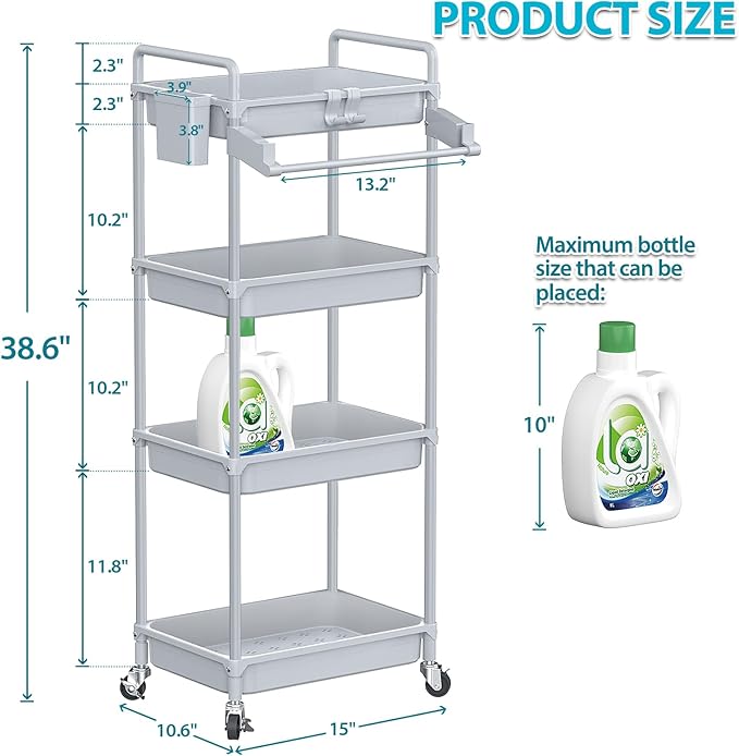 SPACEKEEPER Rolling Storage Cart, 4-Tier Bathroom Organizer Utility Cart Laundry Room Organization Mobile Shelving Unit with Towel Rack, Lockable Wheel, Hooks & Cup for Kitchen Bedroom Office, Grey