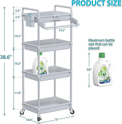 SPACEKEEPER Rolling Storage Cart, 4-Tier Bathroom Organizer Utility Cart Laundry Room Organization Mobile Shelving Unit with Towel Rack, Lockable Wheel, Hooks & Cup for Kitchen Bedroom Office, Grey
