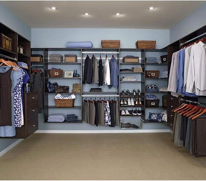 Easy Track OK1460-T Deluxe Starter Closet Storage Wall Mounted Wardrobe Organizer System Kit with Shelves and Rods, Truffle