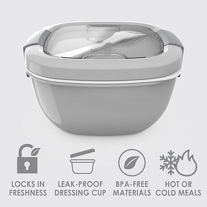 Bentgo Salad Container - 54 oz Bowl with 4-Compartment Toppings Tray, Leak-Proof Dressing Container, Reusable Fork, BPA-Free Lunch Box for Meal Prep & Food Storage; Removable Bento Tray (Gray)