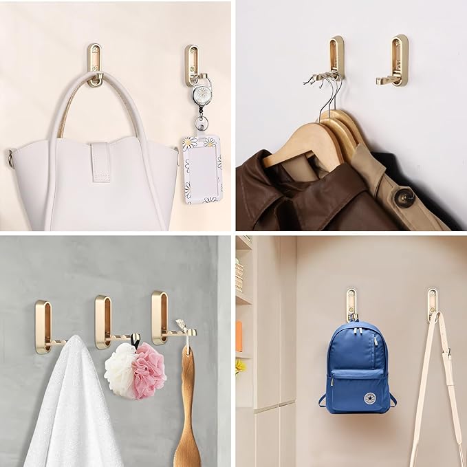 Folding Coat Hooks, 6 Pcs Foldable Gold Wall Hooks Heavy Duty Foldable Hook Bathroom Towel Hooks Robe Hooks Wall Mounted for Hanging Coat Towels Clothes Hat Bags Keys