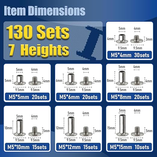 130 Sets Silvery Chicago Screws Leather Rivets Kit, 7 Sizes (M5*4,5,6,8,10,12,15) & 3 Screw Lengths (M4*3,4,5) for Belts, Bookbinding, DIY Leather (Silvery)