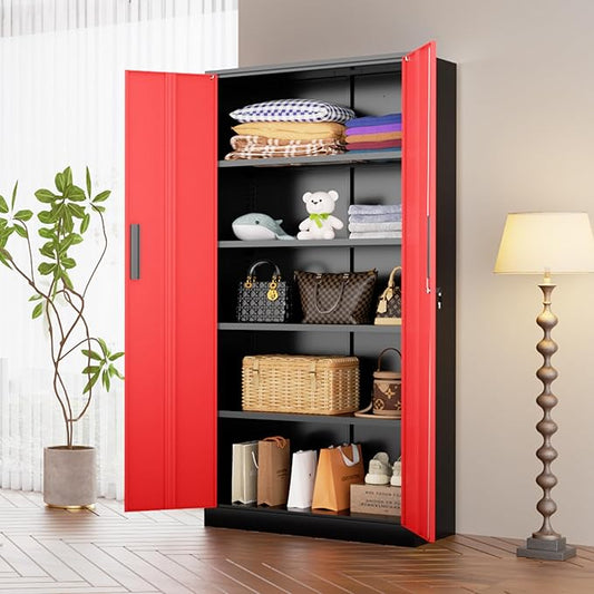 INTERGREAT Metal Storage Cabinet, 72" Locking Steel Cabinets with 2 Door and 4 Adjustable Shelves, Tall Metal Cabinet for Home Office, Garage, Warehouse,(Black+Red)