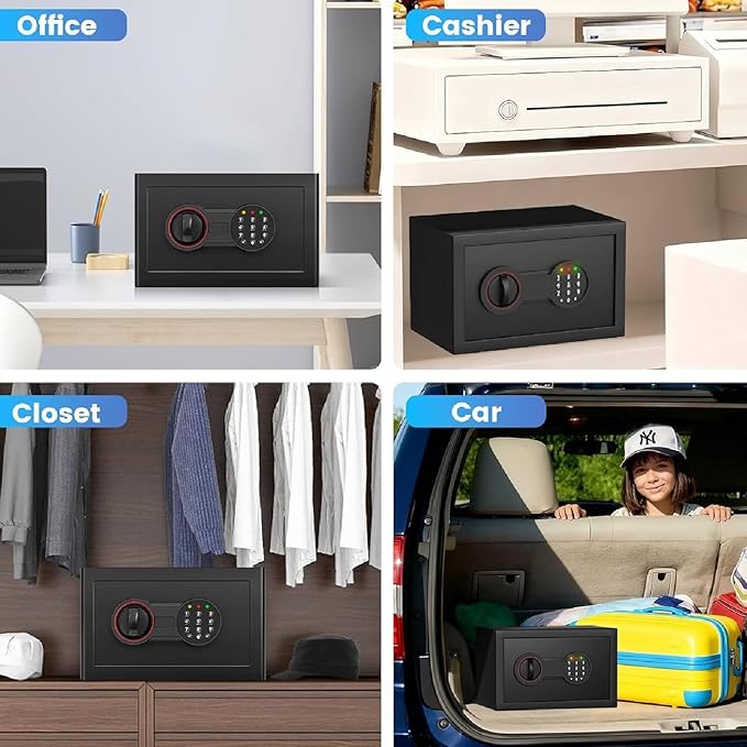 Small Safe Box, 0.3 Cuft Home Safe with Fireproof Waterproof Bag for College Dorm Room, Digital Money Box with Electronic Keypad, Spare Keys and Alarm System, Hidden Safes for Cash, Jewelry, Medicine