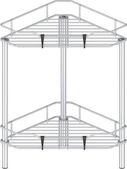 2 Tier Floor Standing Corner Shower Caddy Organizer Shelf with Hooks, Bathroom Shelves Stand Rack, Silver