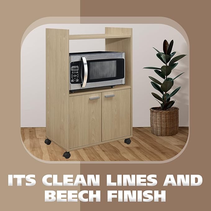 Kings Brand Furniture Ayla Microwave Cabinet with Storage and Upper Shelf for Kitchen Appliances - 2 Door Cabinet Kitchen Storage Cart - Wood Kitchen Cart with Lockable Castors Wheels - Beech