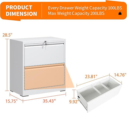 Lateral File Cabinets with 2 Drawer,Metal Lateral Filing Cabinet for Home Office,Wide Steel Storage Cabinet Commercial Drawer for Legal/Letter/A4 Size Files Assembly Required