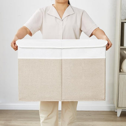 Large Toy Storage Box with Lids, Collapsible Sturdy Baby Storage Organizer Chest Bin Basket for Kids, Boys, Girls, Playroom, Nursery, Bedroom, Closet 25"x13"x16" (Beige and White)