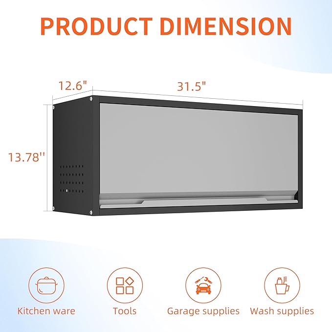 Metal Garage Wall Cabinet, Floating Garage Tool Cabinets with Up-Flip Door,13.8''H Hanging Wall Mounted Storage Cabinet for Garage, Warehouse, Kitchen, Bathroom, Workshop, RV, Gray