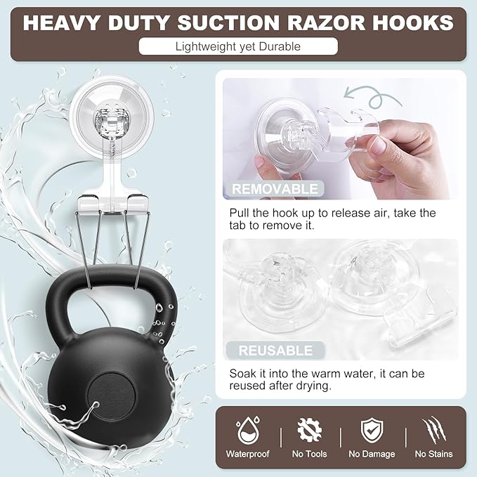 VIS'V Suction Cup Razor Holder, Shower Suction Razor Hooks for His and Hers, Removable and Reusable, Clear, 2 Pcs