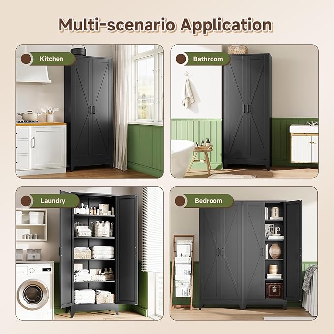 Letaya 75" H Metal Storage Cabinet with 2 Doors and 4 Shelves,Tall Kitchen Pantry Cabinets,Farmhouse Utility Pantry Organizers for Cupboard/Dining/Bathroom/Home Office/Garage Room,Black