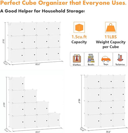 C&AHOME Cube Storage Organizer with Doors, 12-Cube Shelves, Closet Cabinet, DIY Plastic Modular Bookshelf Ideal for Bedroom, Living Room, 36.6”L x 12.4”W x 48.4”H Milky USHS3012M-DOOR
