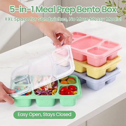 Bento Box Adult Lunch Containers 4 Pack, 5 Compartment Reusable Lunchable Containers for Kids, Stackable Snack Box With XXL Space for Sandwiches,Meal Prep for School Travel