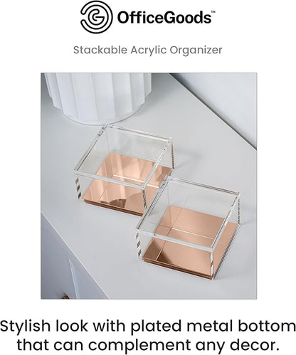 OfficeGoods 3-Tier Stackable Acrylic Holder- Stylish Desk Organizer and Storage for Office or Home – Transparent Square Design, with Rose Gold Metal Base