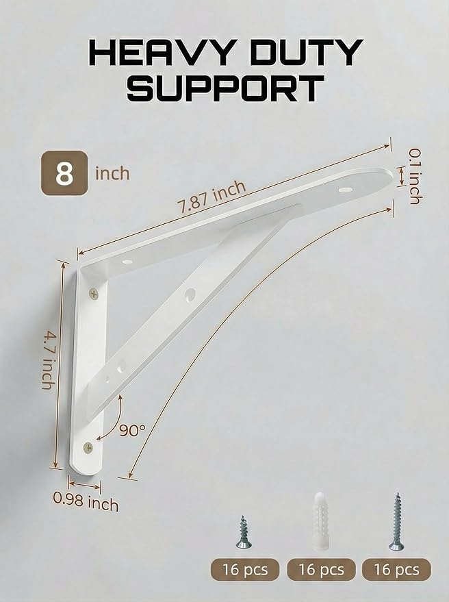 Shelf Brackets Heavy Duty, 8 Pack White 8 inch Floating Shelf Bracket, Max Load 300 lbs of Metal Triangle Decorative Shelf Support Brackets for Wall Mount