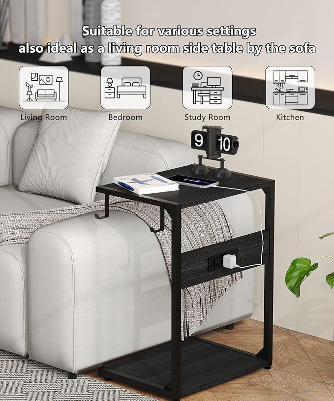 2 Tier Computer Tower Stand with Charging Station, 11.8" D x 16.5" W Rolling Floor PC Tower Stand Fits Under Desk, CPU Holder Cart for Carpet with Hooks, Home Office