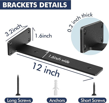 4 Pack Floating Shelf Brackets,12 inch Heavy Duty Industrial Shelf Bracket, Black Metal L Brackets for Shelves Support DIY(1/5 Inch Thicked)