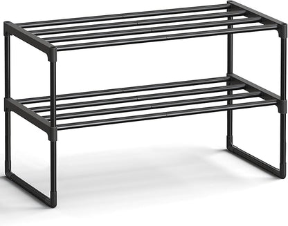 SONGMICS Shoe Rack, 2-Tier Shoe Organizer, Metal Storage Shelf, Upright or Upside Down, for 6-9 Pairs, Stackable, for Entryway, 11.8 x 26.8 x 14.6 Inches, Black ULSA202B01